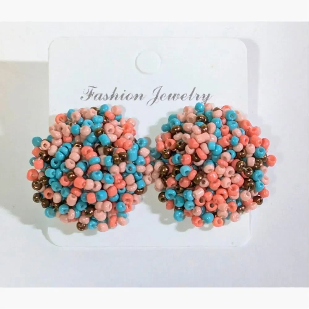 Boho Seed Bead Stud Earrings MultiPink Blue Bronze Fashion Jewelry + Gift Pouch
